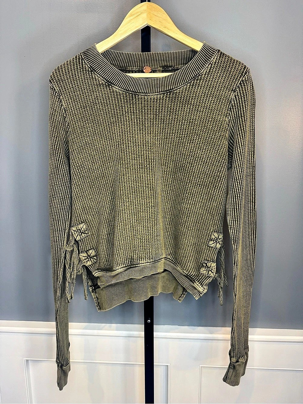 Free People FP One Interlaken Thermal Top Olive Green 100% Cotton Small